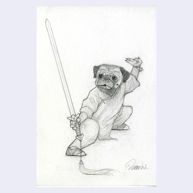 Graphite sketch of a pug holding a samurai sword.