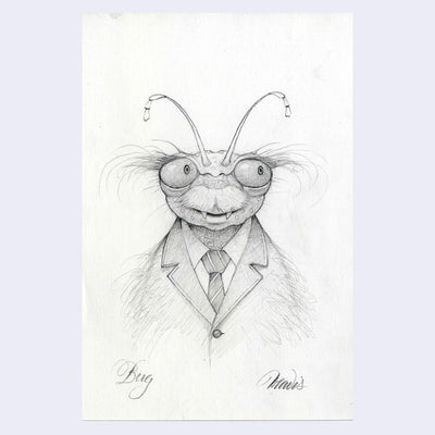 Graphite illustration of a bug wearing a suit.