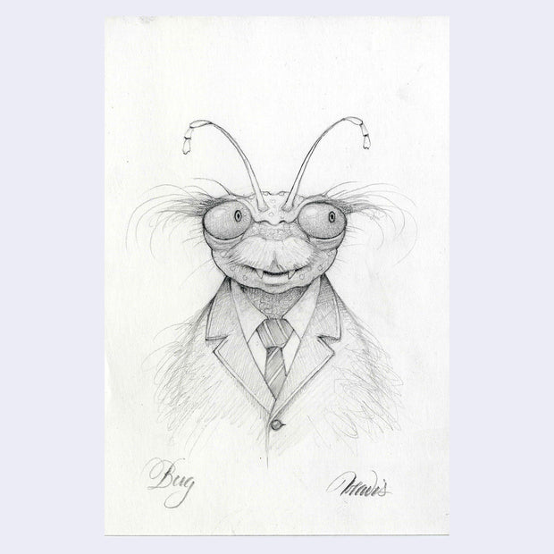 Graphite illustration of a bug wearing a suit.