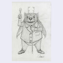 Graphite illustration of a jackrabbit character wearing a suit and holding a cane.
