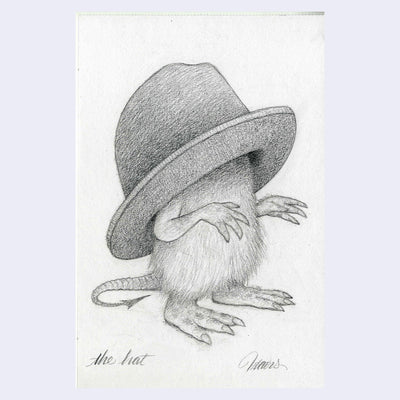 Graphite illustration of a fluffy, short monster with large feet and a thick tail - like a rodent. Its head is covered entirely by a large hat.