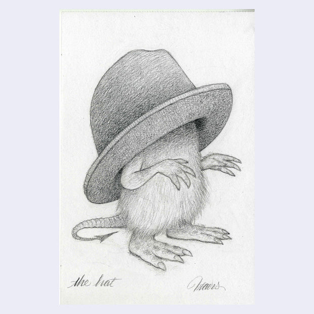 Graphite illustration of a fluffy, short monster with large feet and a thick tail - like a rodent. Its head is covered entirely by a large hat.
