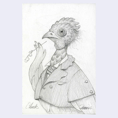 Graphite illustration of a rooster wearing a fancy coat.