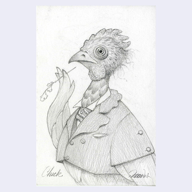 Graphite illustration of a rooster wearing a fancy coat.
