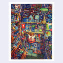 A colorful illustration depicting a cluttered, densely decorated bookshop interior with shelves packed with books, books on shelves, a cat standing on a red platform, and a green lamp.
