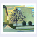 Plein air painting of a yellow apartment building at sunset, with yellow clouds illuminating the sky. A barren tree stands in front of the building, next to rounded hedges.