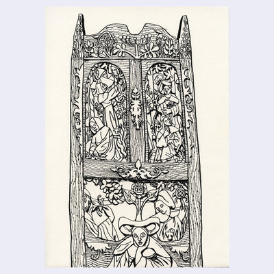 Ink illustration of an ornately carved wooden cabinet.