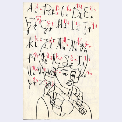 Illustration of a person with a large old fashioned wig, akin to George Washington's era of wigs, with the alphabet written in cursive above them.