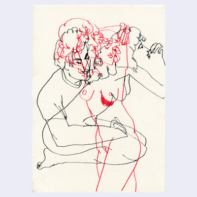 Several line art illustrations superimposed over one another, of various body and face portraits.