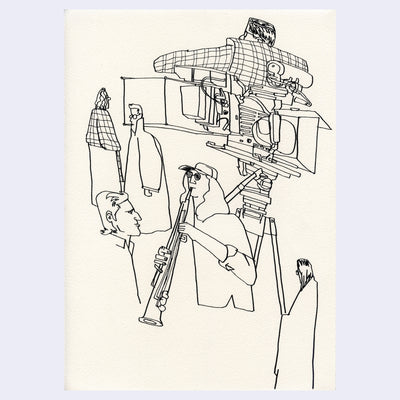 Ink illustration of a film camera, a person playing a flute and other people standing around.