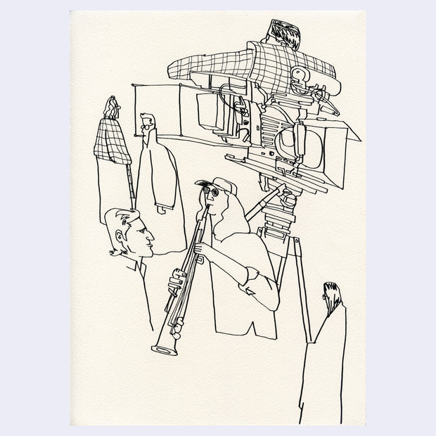 Ink illustration of a film camera, a person playing a flute and other people standing around.