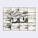 Ink illustration split into 12 panels, of a desert landscape with a windblown tree and a figure standing.