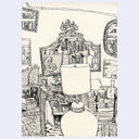 A black ink illustration of a cluttered room scene with a large lamp in the foreground, shelves, books, framed art, and various household objects, presented on a light background.