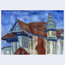 Watercolor painting of a Victorian-style house with a prominent tower, featuring blue trim, a brown shingled roof, and a blue sky background.