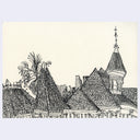 A black ink architectural sketch of Victorian-style rooftops, chimneys, a palm tree, and a tower on an off-white paper background.