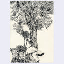 A black ink sketch of a large tree with dense foliage and a partially visible human figure beneath it, rendered on an off-white paper background.