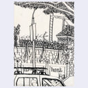 A black ink line drawing on off-white paper depicting an outdoor street scene with trees, a stone wall, a car, and a sign reading 'Irish Pub'.