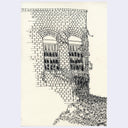 A black ink sketch of a brick building facade with two arched windows and climbing vines, shown on an off-white paper background.