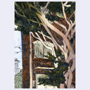 A vertical illustration showing an outdoor architectural scene with a brick building, large pale tree trunks and branches, and dark green foliage, presented on a light gray background.
