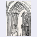 A black ink architectural illustration of Gothic-style stone arches and tracery on a white background.