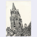 A black ink architectural sketch of a Gothic cathedral tower and surrounding trees, printed on an off-white paper background.