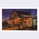 An impressionistic painting of a house at night, rendered in deep purples, dark blues, and warm golden-yellow light glowing from the windows and along the front walkway. The artwork is presented with a white border on a light gray background.