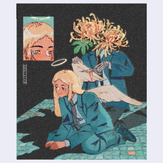 Illustration of a person with flowers for a head cutting the wings off an angel dressed in a suit.
