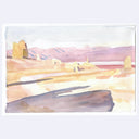 A watercolor landscape painting of desert rock formations and distant mountains in soft pastel tones of beige, pink, purple, and brown, shown on a white paper background against a light gray surround.