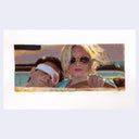 Painting of a woman with sunglasses driving a roofless car with a man with a bandaged eye resting on her shoulder.