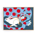 Framed artwork with a stylized illustration of a rabbit and a spotted tiger or leopard on a blue background