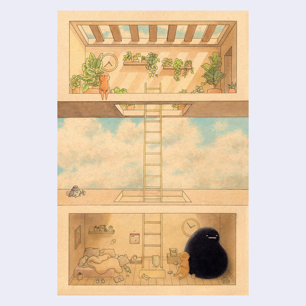 Illustration on brown toned paper divided into 3 sections, with a thin ladder cutting through them all. Top flower is a sunny room with lots of house plants and a small round headed character sitting. 2nd floor is an open sky, with a small pigeon sitting next to a drink. Bottom floor is an enclosed messy bedroom with a small round headed character sitting up against a large black blob.