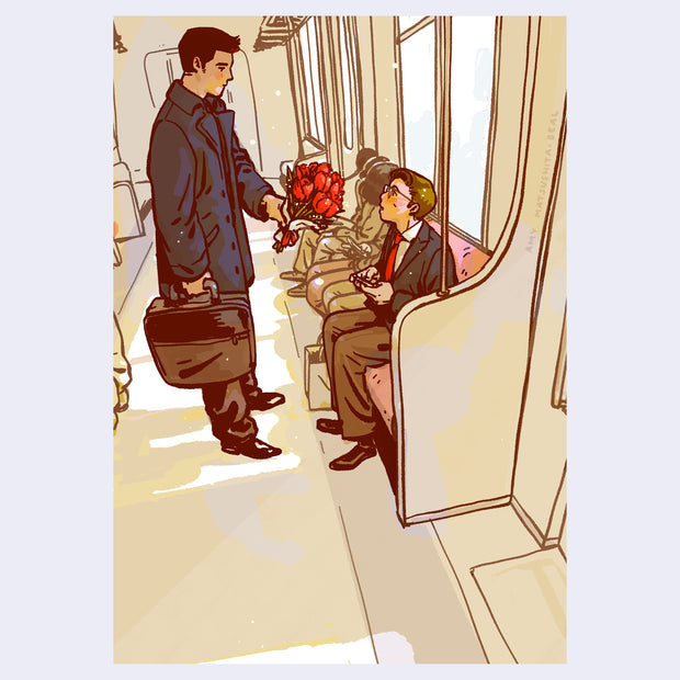 Illustration of a subway train interior, with 2 men in business suits. One sits on the bench and looks surprised at the other standing and handing him a bouquet of flowers.