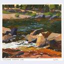 A plein air painting of a river landscape, with a flowing river with white rapids, large tan and brown rocks, green trees and bushes, and a sandy shore under a warm sky.