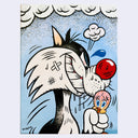 Cartoon style painting of an angry cat holding a small bird tightly in its hand, the bird looks stressed.