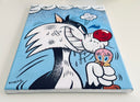 Cartoon style painting of an angry cat holding a small bird tightly in its hand, the bird looks stressed.