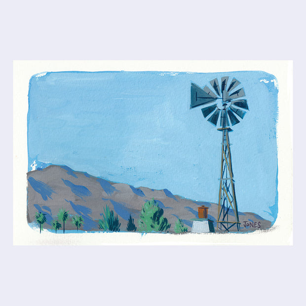 Plein air painting of a windmill tower over a small mountain range against a blue sky.