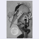 Highly rendered illustration of a heron or crane, with a bonsai tree wrapped around its neck and a thin, tall lighthouse in front of it.