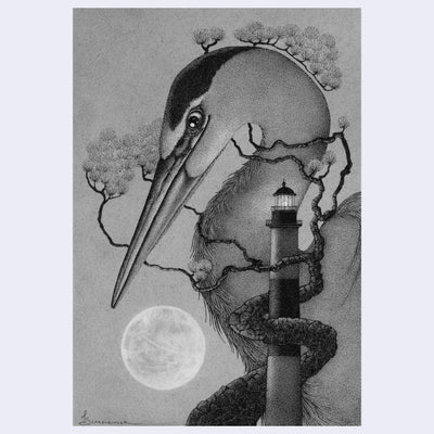 Highly rendered illustration of a heron or crane, with a bonsai tree wrapped around its neck and a thin, tall lighthouse in front of it.