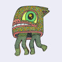 Illustration made with many lines, giving it the feel of a folk art woodcut on a die cut wood panel of a large monster head, faced to the side so only one very large eye is shown with a large mouth. At the bottom are 2 pairs of legs coming out, as if 2 people are holding up the mask.