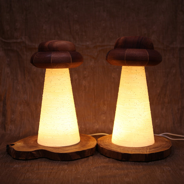 2 wooden lamps, both with UFO shaped tops and conical shaped beams, where light shines through. One lamp has a bean shaped wooden base, the other has a circular wooden base.