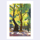 A vertical artwork depicting a sunlit forest scene with tall trees, green and yellow foliage, and small figures walking in the foreground, shown against a light gray background.