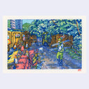 A colorful watercolor painting depicting a construction site scene with a worker, machinery, barriers, and trees, presented on a light gray background.