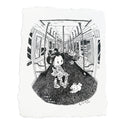 Illustration of a cartoon character in traditional Japanese attire but modern sneakers, standing in a nearly empty subway car with a skateboard and a dog at their feet. The only other person on the train is Spiderman.