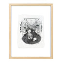 Illustration of a cartoon character in traditional Japanese attire but modern sneakers, standing in a nearly empty subway car with a skateboard and a dog at their feet. The only other person on the train is Spiderman.