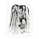 Illustration of a cartoon character in traditional Japanese attire but modern sneakers, standing in front of a bunch of lampposts, an iconic installation outside of LACMA in LA.