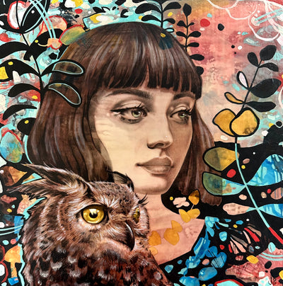Artistic illustration of a woman with an owl and colorful foliage