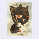 Color pencil sketch of a black cat crying and holding a small ghost in a hug.