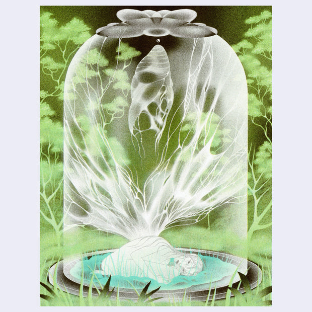 Risograph print with primarily green and black. A nude woman is curled into herself and lays at the bottom of a glass terrarium. A broken open cocoon hangs from the top and she starts to unfold her extravagant white wings. Behind her is an open forest setting. 