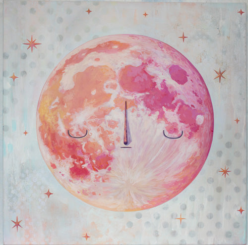 Painting of a pink and orange moon with a simple cartoon closed eye expression. Background is collage style, white with polka dots and several sparkles.