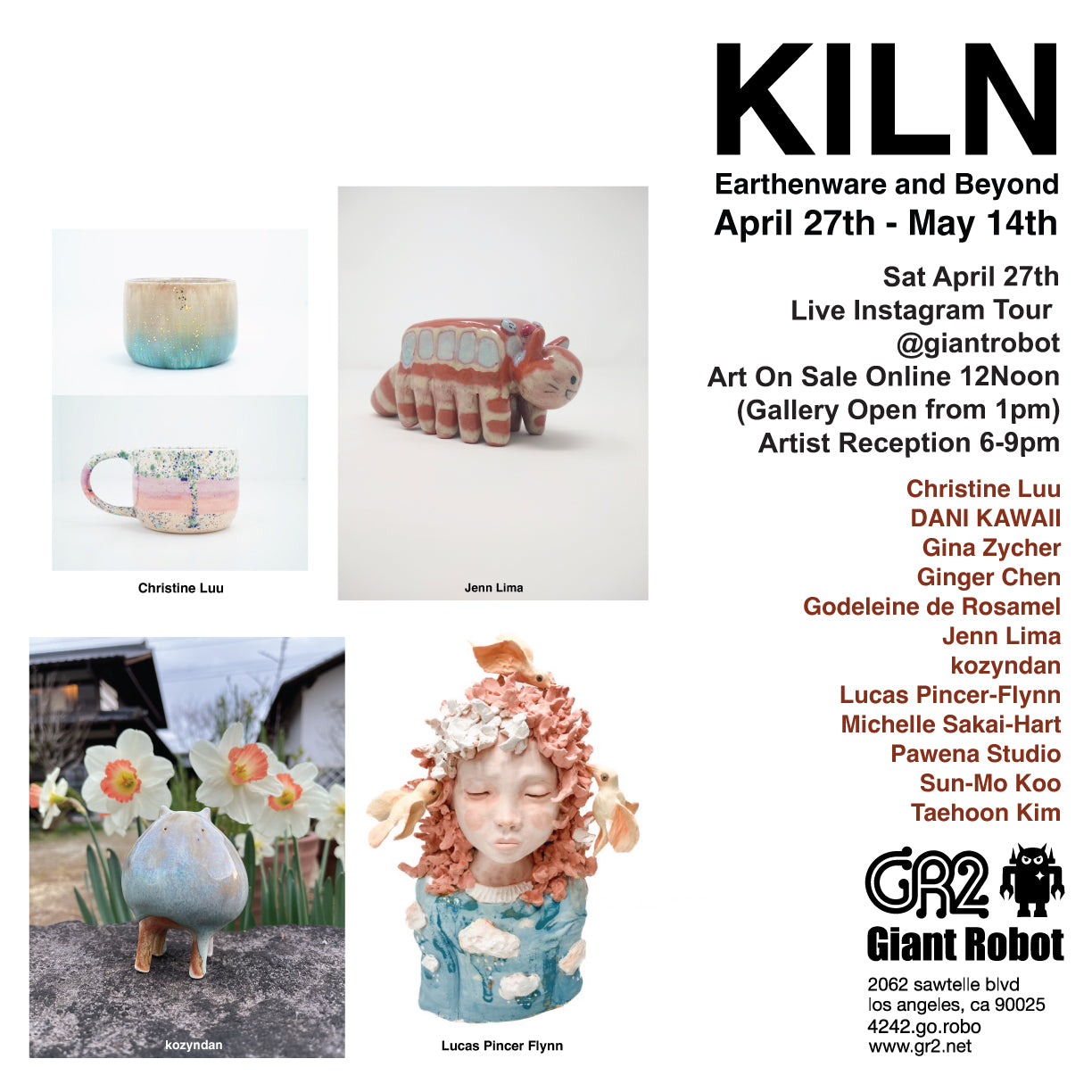 Flyer for a group art show, KILN. Names of artists are listed, times/dates and 4 accompanying photos of ceramic works.